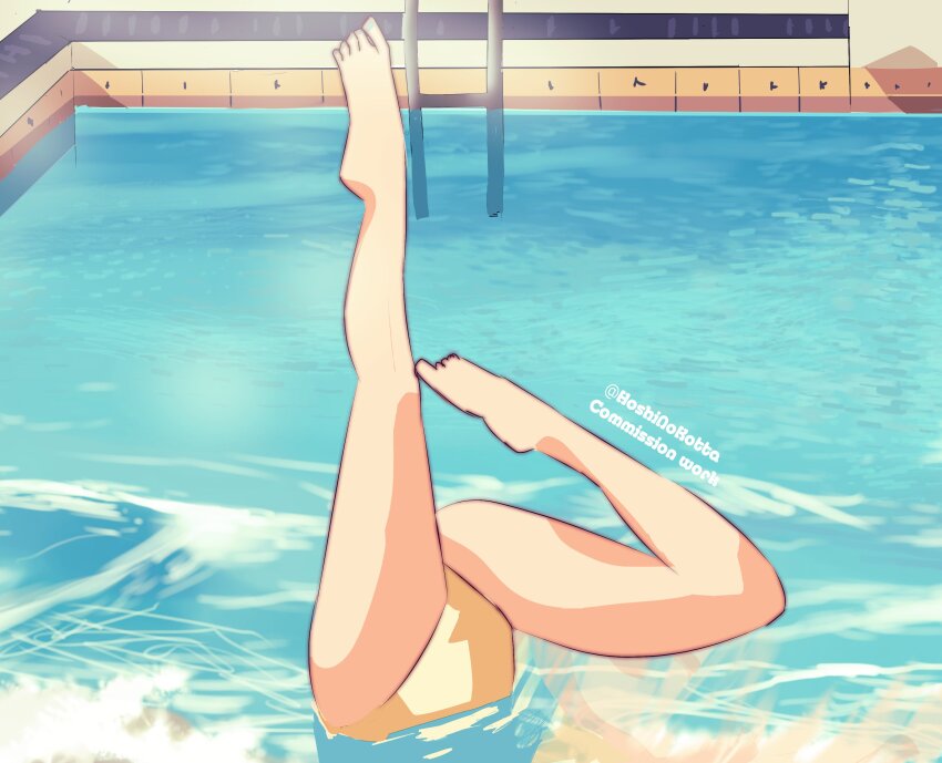 1girl, absurdres, bare_legs, fire_emblem, fire_emblem:_three_houses, head_out_of_frame, highres, hoshinokotta, ingrid_brandl_galatea, leg_focus, legs, legs_up, lower_body, nintendo, partially_submerged, pool, pool_ladder, swimming, synchronized_swimming, top-down_bottom-up, upside-down