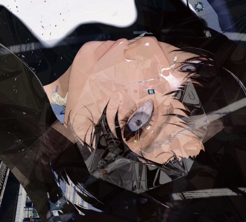 1girl, black_hair, blue_eyes, blue_gem, closed_mouth, commentary, eyelid_piercing, face_piercing