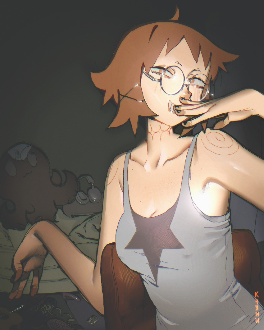 1girl, absurdres, armpit_hair, bare_shoulders, black_nails, brown_hair, carmine3, chair, commentary, dildo, english_commentary, glasses, guitar, headphones, highres, inconspicuous_sex_toy, instrument, original, rabbit_vibrator, round_eyewear, sex_toy, shoes, short_hair, solo, unworn_shoes, vibrator