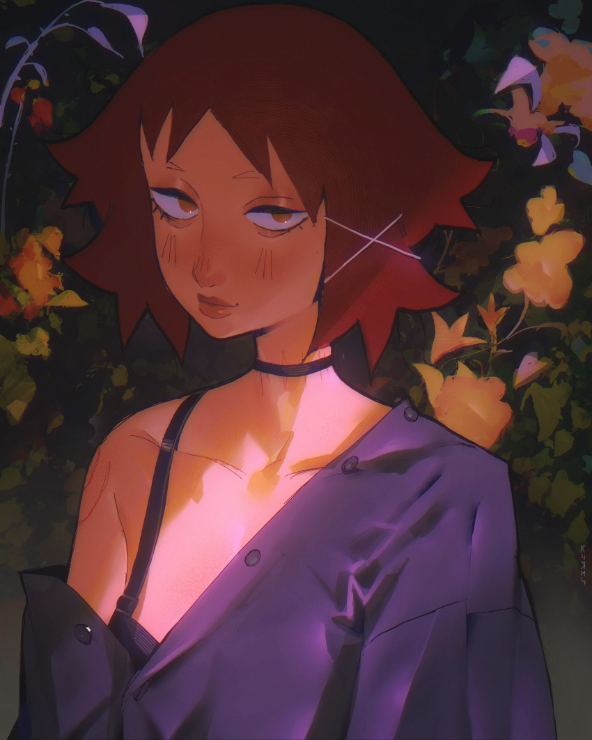 1girl, absurdres, black_bra, black_choker, bra, brown_hair, carmine3, choker