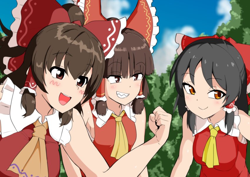 3girls, ascot, benikurage_(cookie), black_eyes, black_hair, blue_sky, blunt_bangs, blush