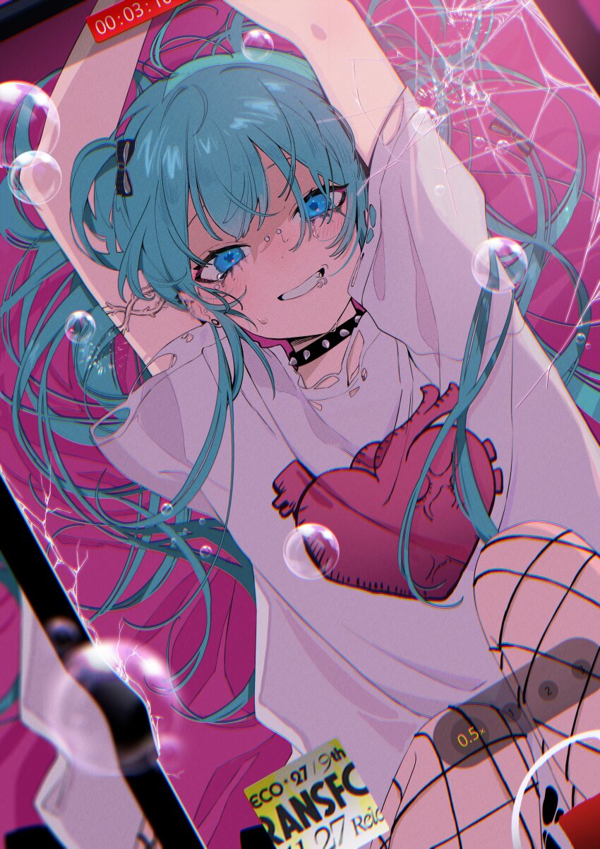 1girl, absurdres, aqua_hair, arm_tattoo, arms_up, blue_eyes, blurry, blurry_background