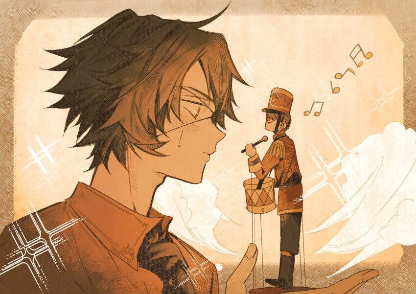 2boys, band_uniform, black_hair, black_necktie, chinese_commentary, collared_shirt, drum, drumsticks