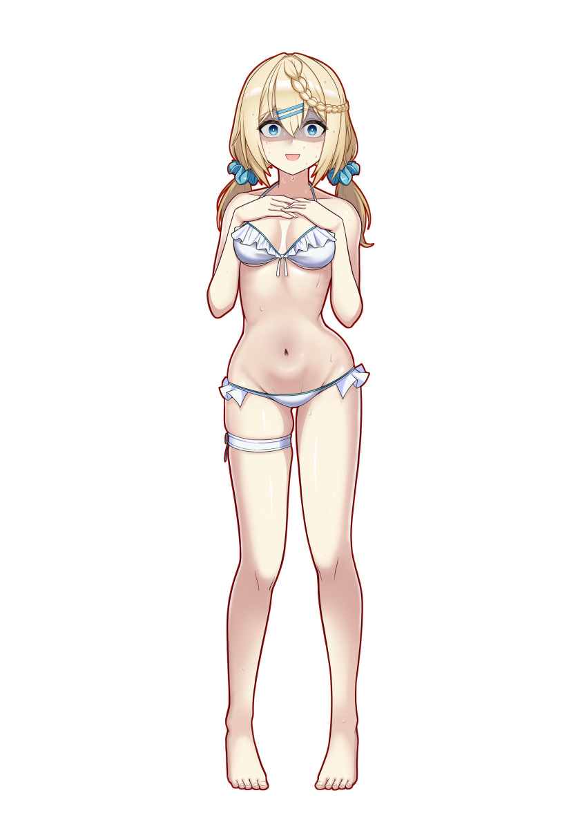 absurdres, bails, barefoot, bikini, blonde_hair, blue_eyes, braid, breasts