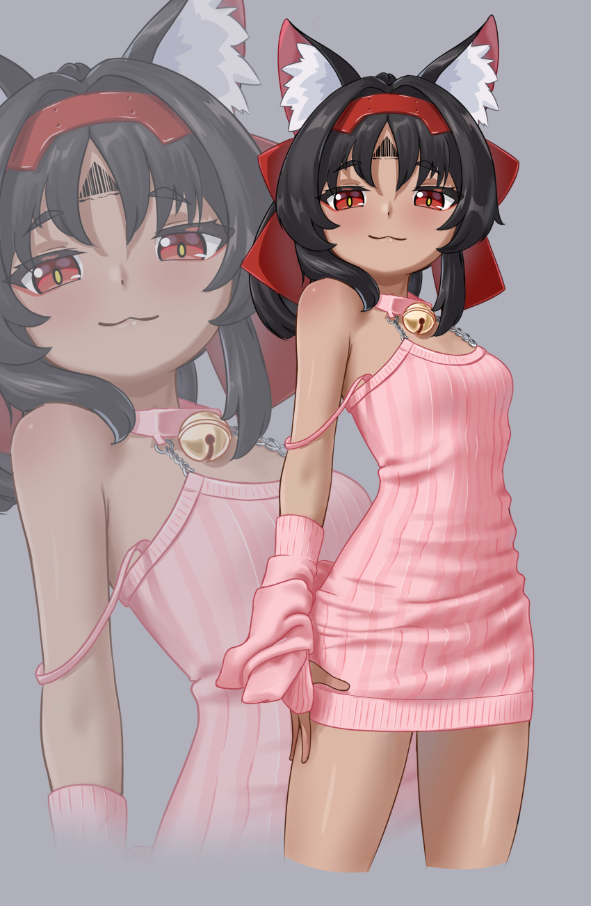 1girl, absurdres, animal_ear_fluff, animal_ears, bell, black_hair, blush, breasts, cat_ears, closed_mouth, commentary, cropped_legs, dark-skinned_female, dark_skin, detached_sleeves, dress, english_commentary, hair_between_eyes, highres, jingle_bell, loli, long_hair, looking_at_viewer, neck_bell, nekomiya_mana, pink_dress, red_eyes, single_bare_shoulder, small_breasts, strap_slip, zancrowkami, zenless_zone_zero, zoom_layer