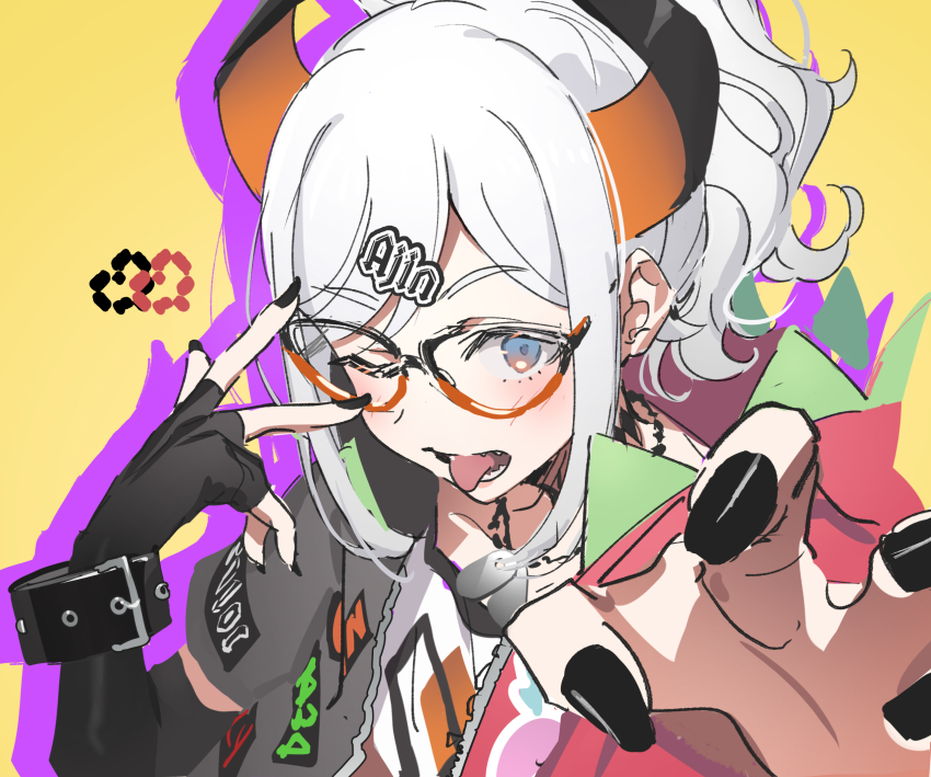 1girl, black_gloves, black_horns, black_nails, blue_eyes, blush, fingerless_gloves, glasses