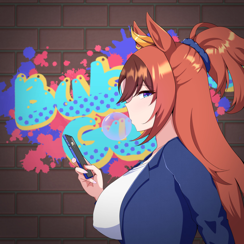 1girl, absurdres, animal_ears, blowing_bubble_gum, blowing_bubbles, blue_eyes, blue_jacket, breasts, brick_wall, brown_hair, bubble_gum_fellow_(casual)_(umamusume), bubble_gum_fellow_(umamusume), cellphone, chewing_gum, commentary_request, dewanewbie, ear_ornament, from_side, graffiti, hair_between_eyes, highres, holding, holding_phone, horse_ears, horse_girl, jacket, large_breasts, long_hair, long_sleeves, looking_at_viewer, looking_to_the_side, multicolored_hair, open_clothes, open_jacket, paid_reward_available, phone, ponytail, shirt, smartphone, solo, streaked_hair, umamusume, upper_body, very_long_hair, white_hair, white_shirt