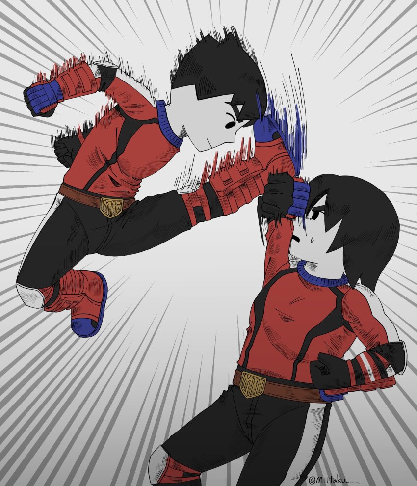 2boys, belt, belt_buckle, black_eyes, black_gloves, black_hair, black_pants, boots, buckle, clenched_hand, clenched_hands, closed_mouth, colored_skin, crossover, duel, emphasis_lines, gloves, highres, kicking, knee_pads, long_hair, long_sleeves, looking_at_another, male_focus, mii_(nintendo), mii_brawler, mii_brawler_(smash_4), mii_brawler_(smash_ultimate), miitaku, motion_lines, multiple_boys, nintendo, open_mouth, pants, parrying, punching, red_gloves, red_shirt, shirt, short_hair, simple_background, thick_eyebrows, track_suit, twitter_username, white_background, white_skin