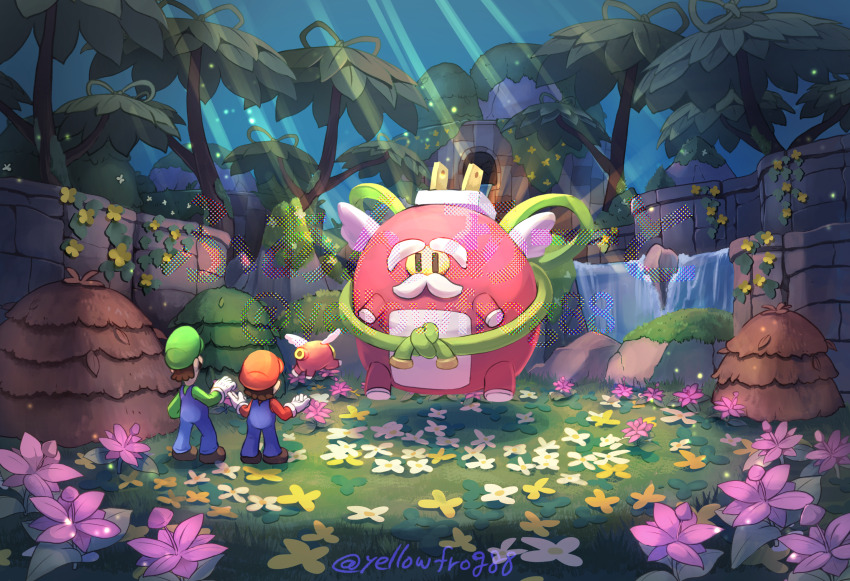 brown_hair, electric_plug, facial_hair, floating, flower, gloves, great_conductor_(mario), green_hat