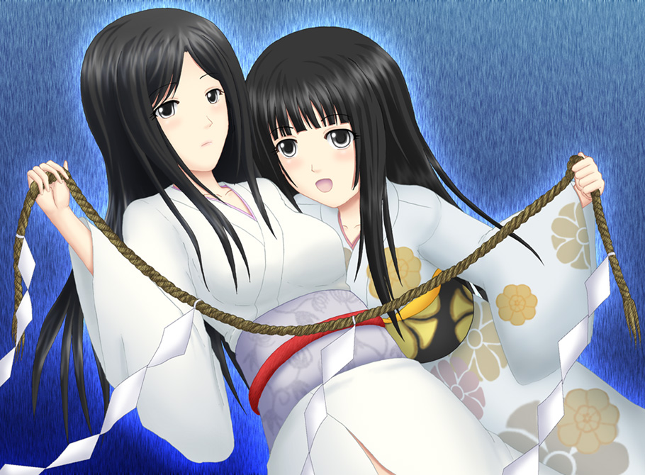 2girls, black_hair, dual_persona, fatal_frame, fatal_frame_1, grey_eyes, himuro_kirie, hitoshi_hitoshi