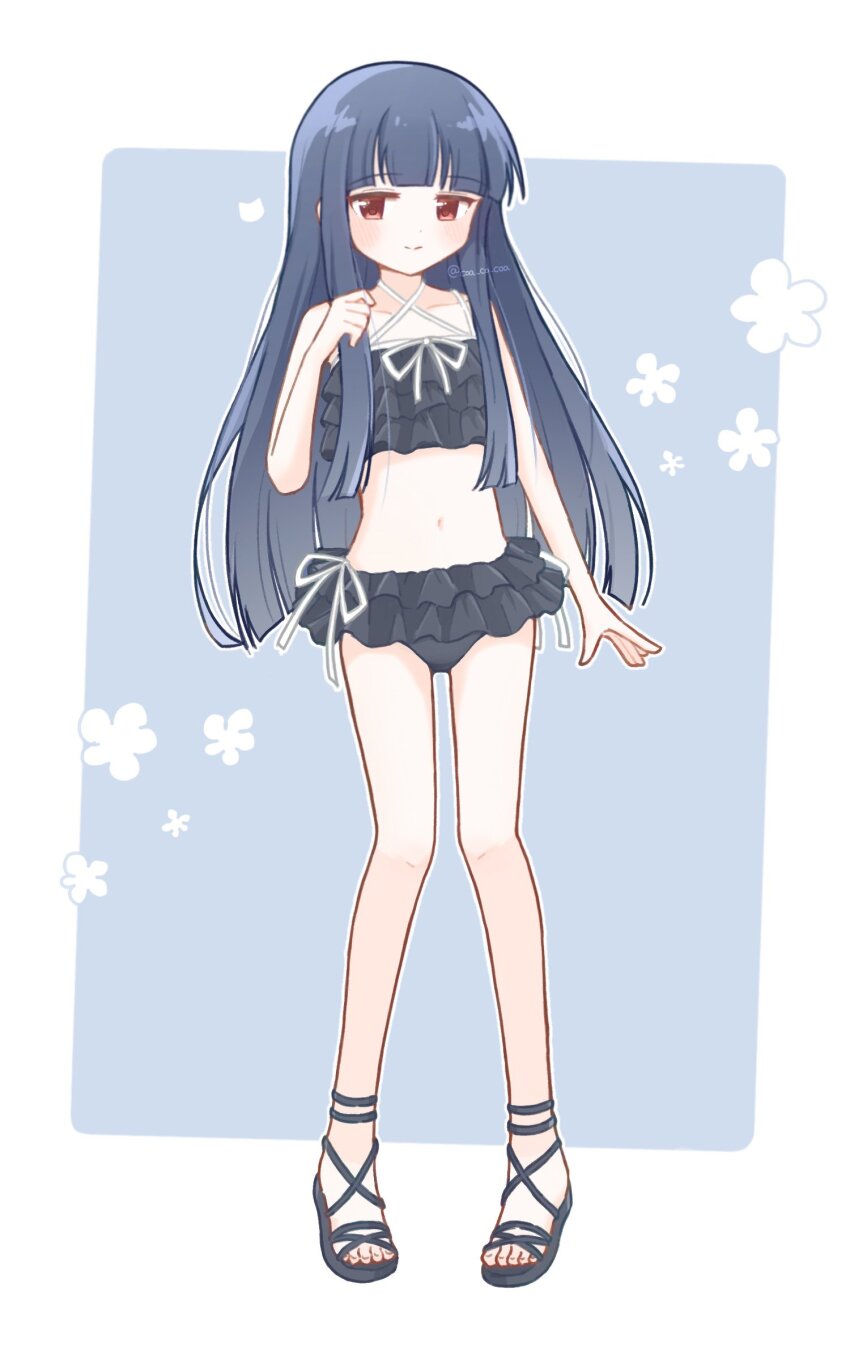 1girl, absurdres, bare_shoulders, bikini, black_bikini, black_hair, black_sandals, blue_background, blunt_bangs, blunt_ends, blush, border, closed_mouth, coa_co_coa, collarbone, dot_nose, flat_chest, floral_background, frilled_bikini, frills, full_body, hair_over_breasts, hand_up, highres, idolmaster, idolmaster_cinderella_girls, idolmaster_cinderella_girls_starlight_stage, light_smile, long_hair, looking_at_viewer, navel, outline, outside_border, red_eyes, sajo_yukimi, sandals, side-tie_bikini_bottom, sidelocks, solo, standing, straight_hair, swimsuit, twitter_username, white_border, white_outline
