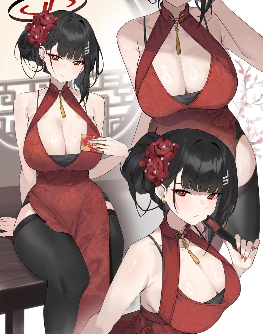 1girl, absurdres, alternate_costume, armpit_crease, bare_arms, bare_shoulders, black_hair, black_halo