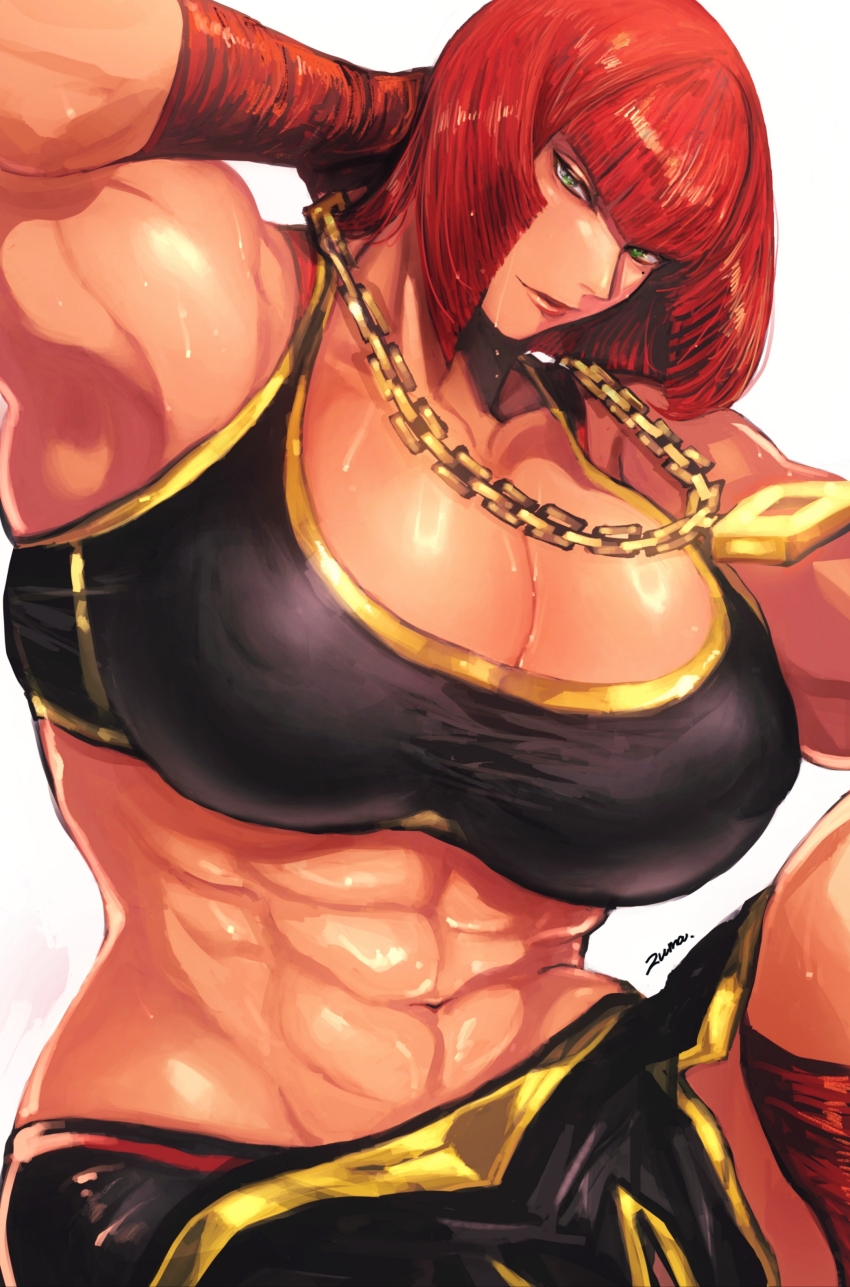 1girl, abs, absurdres, biceps, breasts, chain, chain_necklace, cleavage, covered_navel, gold_chain, green_eyes, hand_on_own_head, hand_wraps, highres, huge_breasts, jewelry, looking_at_viewer, marisa_(street_fighter), muscular, muscular_female, navel, necklace, red_hair, solo, sports_bra, stomach, street_fighter, street_fighter_6, sweat, very_sweaty, zuman_(zmnjo1440)