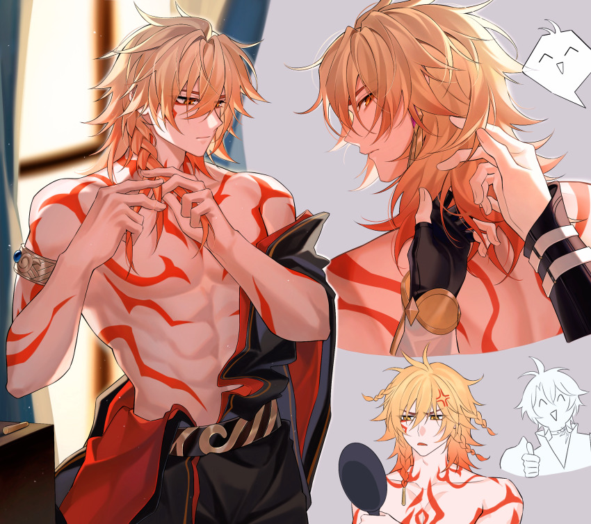 2boys, ^_^, abs, absurdres, anger_vein, arm_tattoo, armlet, belt