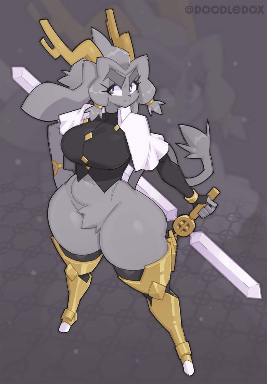 1girl, animal_ears, antlers, armor, blue_eyes, body_fur, bracelet, breasts, capelet, closed_mouth, curvy, doodledox, full_body, furry, furry_female, gold_armor, grey_fur, grey_hair, hand_on_own_hip, highres, holding, holding_weapon, hooves, horns, jackalope_girl, jewelry, large_breasts, leg_armor, looking_to_the_side, pear-shaped_figure, pseudoregalia, solo, standing, sybil_(pseudoregalia), tail, thick_eyebrows, thick_thighs, thighs, weapon, white_capelet, wide_hips