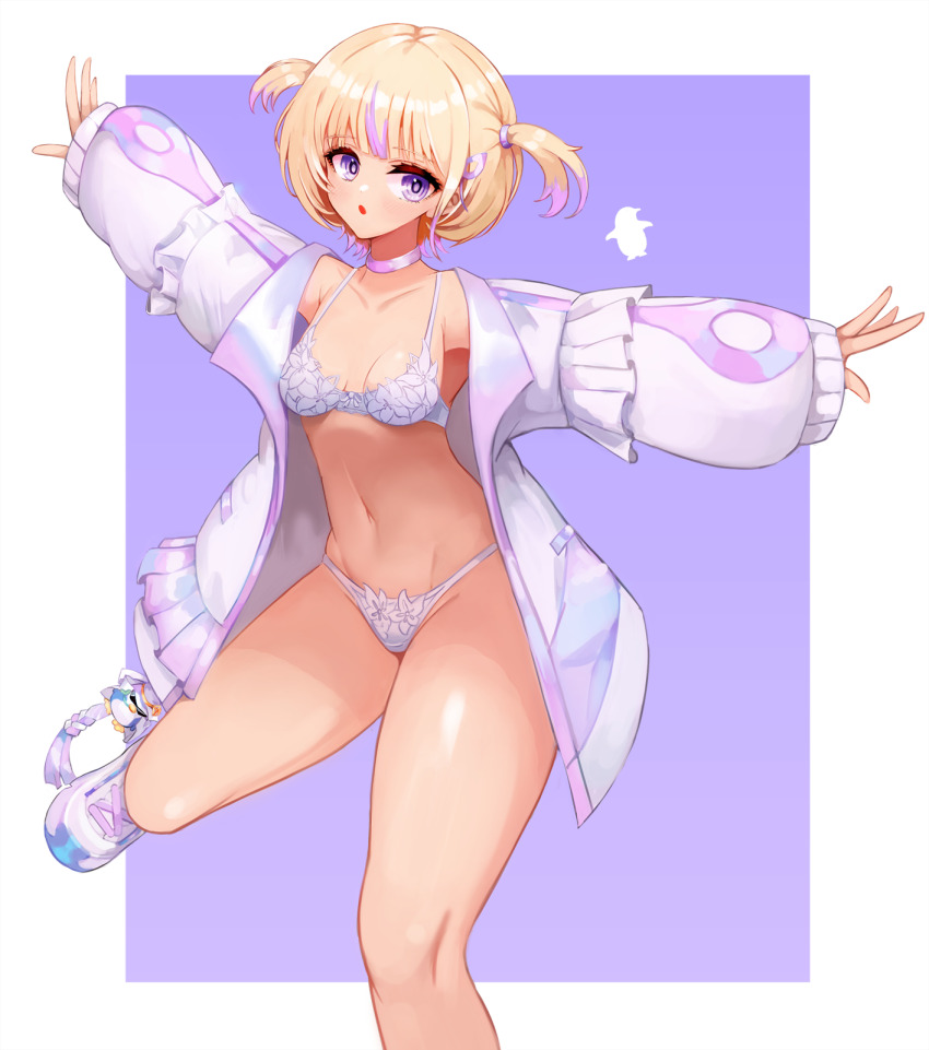 1girl, armpits, banpen_(todoroki_hajime), bare_legs, blonde_hair, blunt_bangs, border, bra, breasts, choker, cleavage, collarbone, commentary, eyelashes, full_body, groin, highres, hololive, hololive_dev_is, jacket, lace, lace_bra, lace_panties, leg_up, light_blush, lingerie, long_sleeves, looking_at_viewer, multicolored_hair, navel, notte, open_clothes, open_jacket, outside_border, outstretched_arms, panties, parted_lips, purple_background, purple_bra, purple_choker, purple_eyes, purple_hair, purple_panties, shoes, short_hair, small_breasts, sneakers, spread_arms, standing, standing_on_one_leg, stomach, streaked_hair, todoroki_hajime, todoroki_hajime_(1st_costume), two_side_up, underwear, virtual_youtuber, white_border