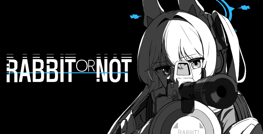 aiming, aiming_at_viewer, animal_ear_headphones, animal_ears, black_background, blue_archive, blue_halo, fake_animal_ears