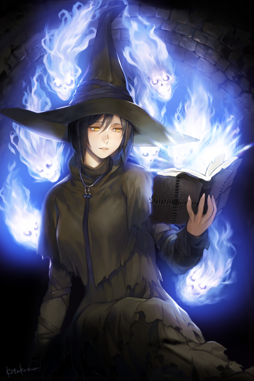 1girl, black_capelet, black_dress, black_hair, black_hat, blue_fire, book, capelet
