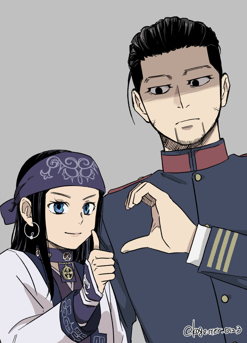 1boy, 1girl, ainu_clothes, asirpa, commentary_request, earrings, facial_hair, facial_scar