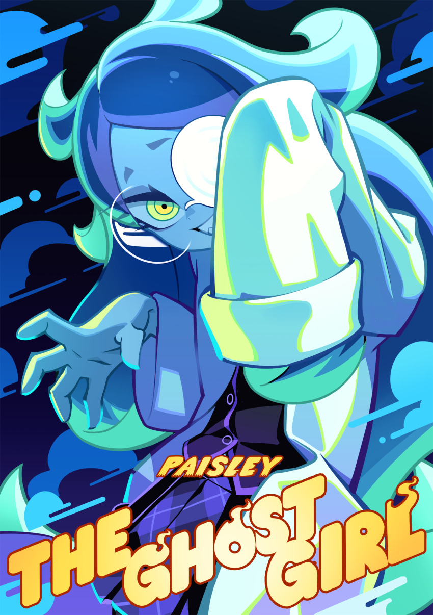 1girl, absurdres, arm_up, black_vest, blue_hair, blue_theme, buttons, character_name