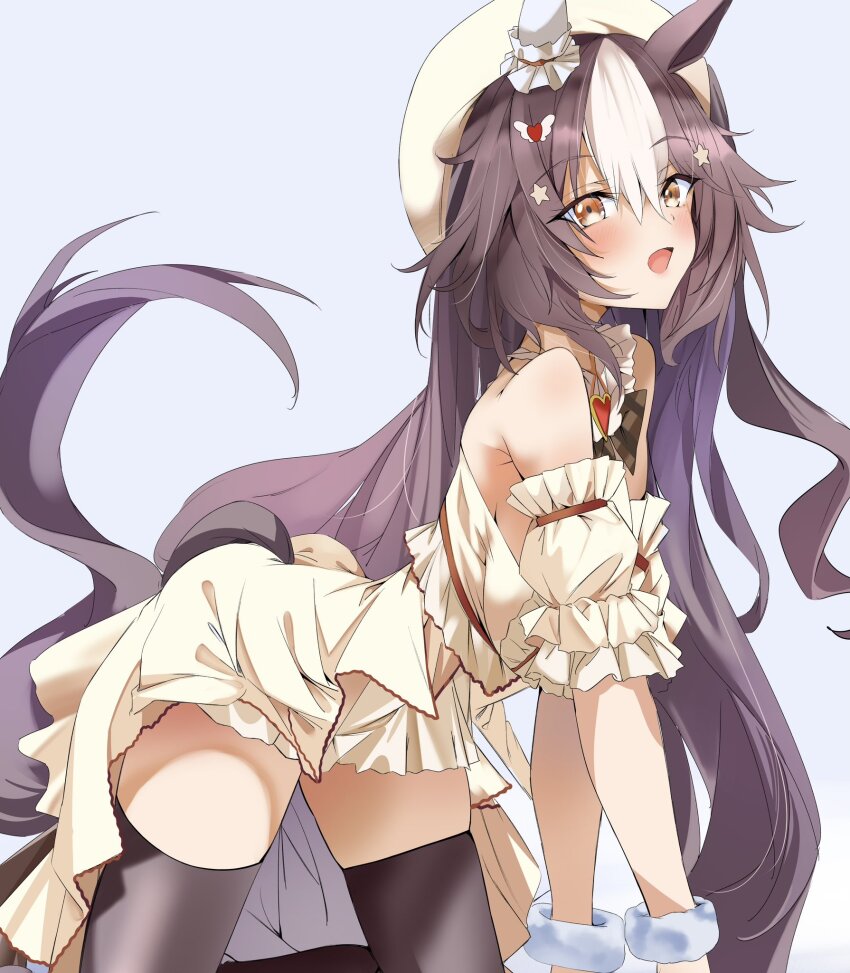 1girl, alternate_hairstyle, animal_ears, bent_over, beret, blush, breasts, brown_eyes