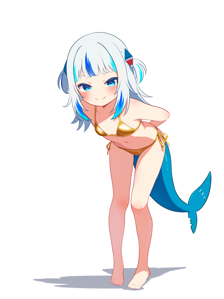 1girl, absurdres, arms_behind_back, barefoot, bikini, blue_eyes, blue_hair, blunt_bangs, blush, breasts, closed_mouth, collarbone, commentary, full_body, gawr_gura, gold_bikini, grey_hair, hair_ornament, highres, hololive, hololive_english, leaning_forward, loli, looking_at_viewer, medium_hair, multicolored_hair, navel, ryu160303, shark_girl, shark_hair_ornament, side-tie_bikini_bottom, simple_background, small_breasts, smile, solo, standing, streaked_hair, swimsuit, virtual_youtuber, white_background