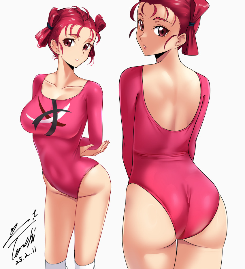 1girl, absurdres, ass, athletic_leotard, breasts, brown_eyes, commission, dated, highres, hongou_momoka, leaning_forward, leotard, long_sleeves, looking_at_viewer, looking_back, medium_breasts, multiple_views, pink_leotard, pixiv_commission, red_hair, short_hair, signature, simple_background, thighhighs, tokyo_majin_gakuen_kenpuuchou, white_background, white_thighhighs, yoo_tenchi