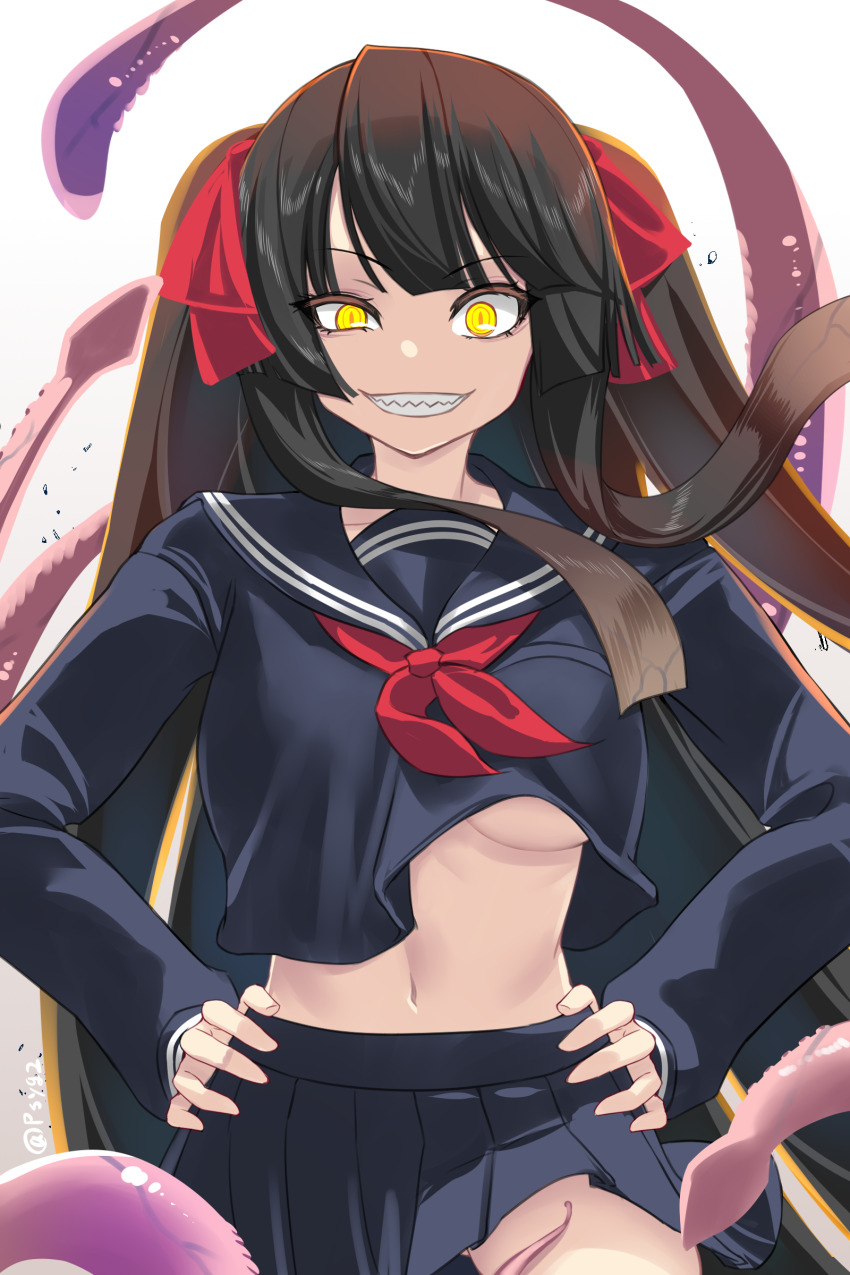 1girl, absurdres, black_hair, breasts, clenched_teeth, highres, hiruko_(mon-musu_quest!), long_hair, looking_at_viewer, midriff, mon-musu_quest!, mon-musu_quest:_paradox, navel, no_bra, pleated_skirt, school_uniform, serafuku, sharp_teeth, shiki_(psychedelic_g2), skirt, solo, teeth, twintails, underboob, yellow_eyes