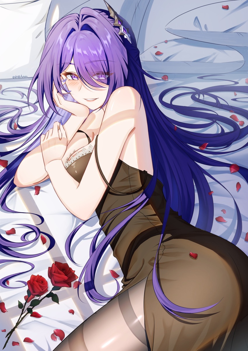 1girl, abeimaochidiaole, absurdres, acheron_(honkai:_star_rail), ass, black_shirt, breasts, brown_pantyhose