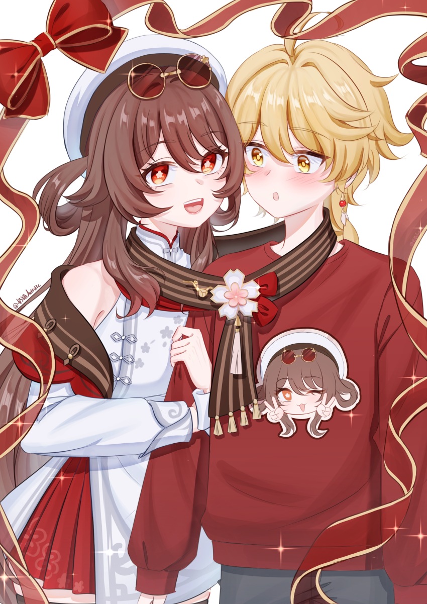 1boy, 1girl, abeimaochidiaole, absurdres, aether_(genshin_impact), black_pants, blonde_hair, blush