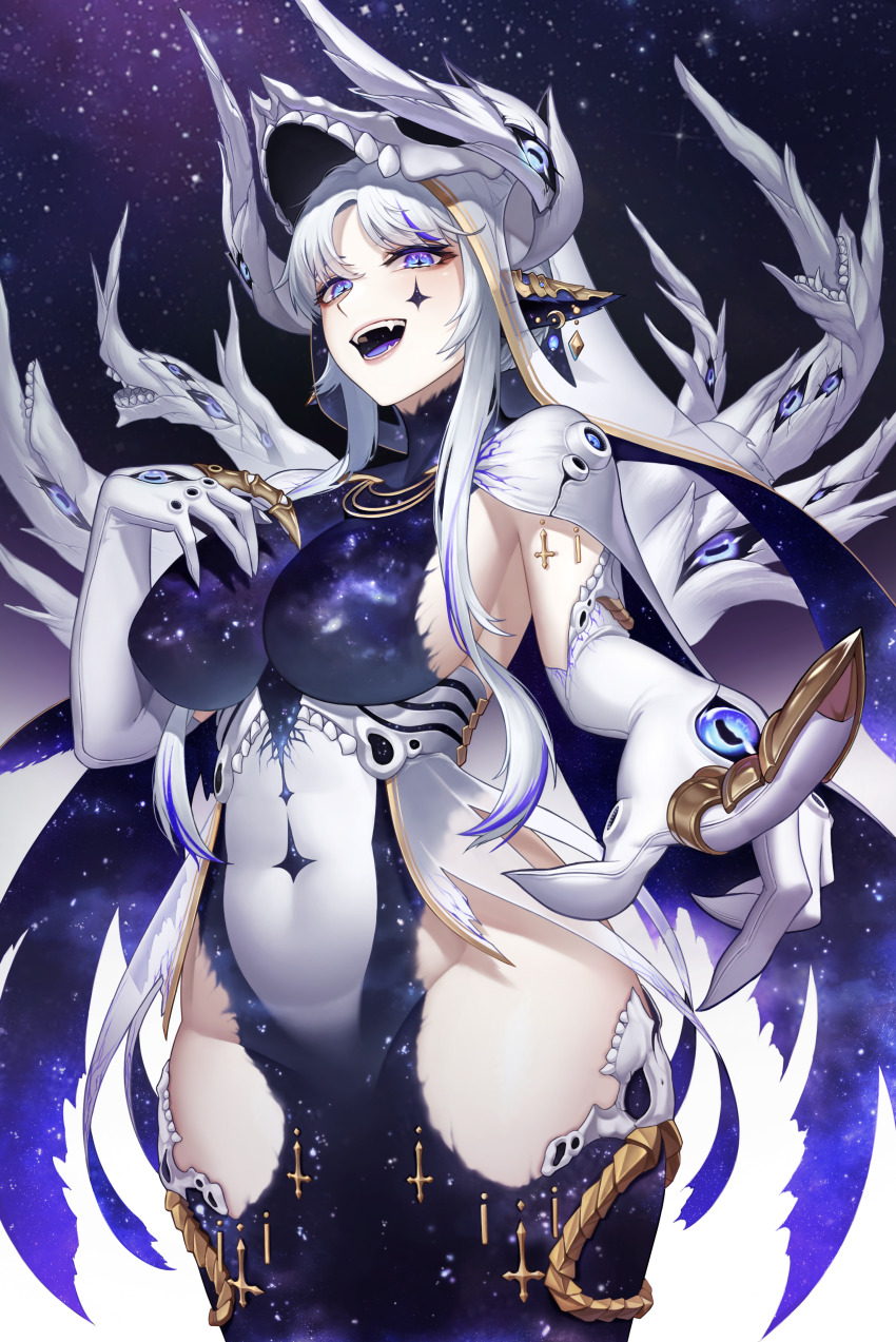 1girl, absurdres, blue_eyes, breasts, cape, check_clothing, clothing_cutout, clothing_request