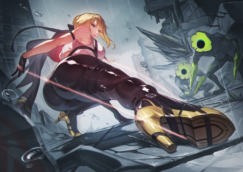 1girl, absurdres, ass, bare_shoulders, black_gloves, black_jacket, black_pants, blonde_hair, breasts, commentary, debris, elbow_gloves, et0, ethereal_(zenless_zone_zero), evelyn_chevalier, gloves, hand_on_ground, high_heels, highres, jacket, large_breasts, looking_at_viewer, outdoors, pants, parted_lips, purple_eyes, rain, shirt, short_hair, single_elbow_glove, solo, tight_clothes, tight_pants, white_shirt, zenless_zone_zero