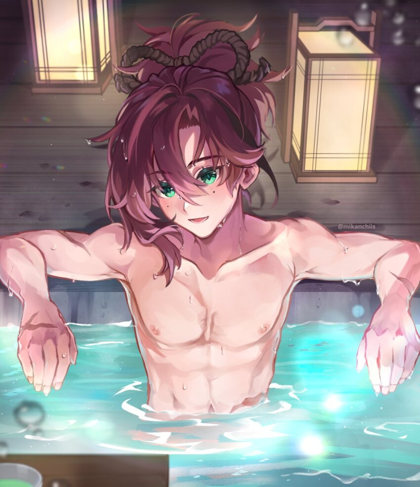 1boy, genshin_impact, green_eyes, hair_between_eyes, hair_ornament, highres, long_hair, looking_at_viewer