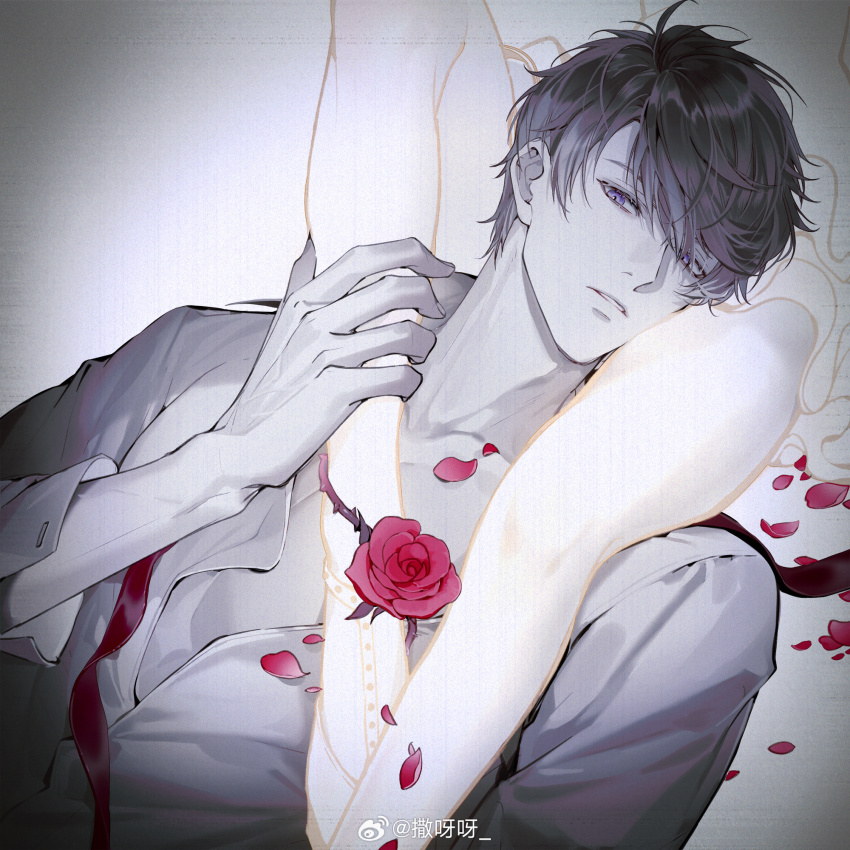 1boy, 1girl, ankle_strap, chinese_commentary, collarbone, collared_shirt, dress, flower