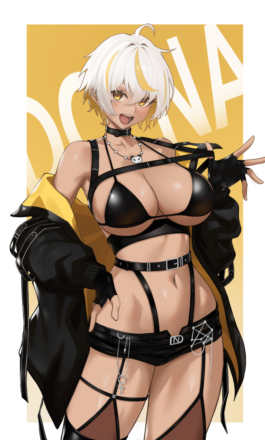 1girl, absurdres, ahoge, arc2urus, bare_shoulders, bikini, bikini_top_only, black_bikini, black_choker, black_gloves, black_jacket, black_shorts, blonde_hair, breasts, character_name, choker, commentary, fingerless_gloves, gloves, gradient_background, hair_between_eyes, hair_intakes, hand_on_own_hip, harness, harness_pull, highres, jacket, large_breasts, looking_at_viewer, luvdia, micro_shorts, multicolored_hair, navel, off_shoulder, open_mouth, park_dona, pulling_own_clothes, short_hair, short_shorts, shorts, smile, solo, stomach, streaked_hair, swimsuit, thighs, tomboy, virtual_youtuber, white_hair, yellow_eyes, yellow_jacket