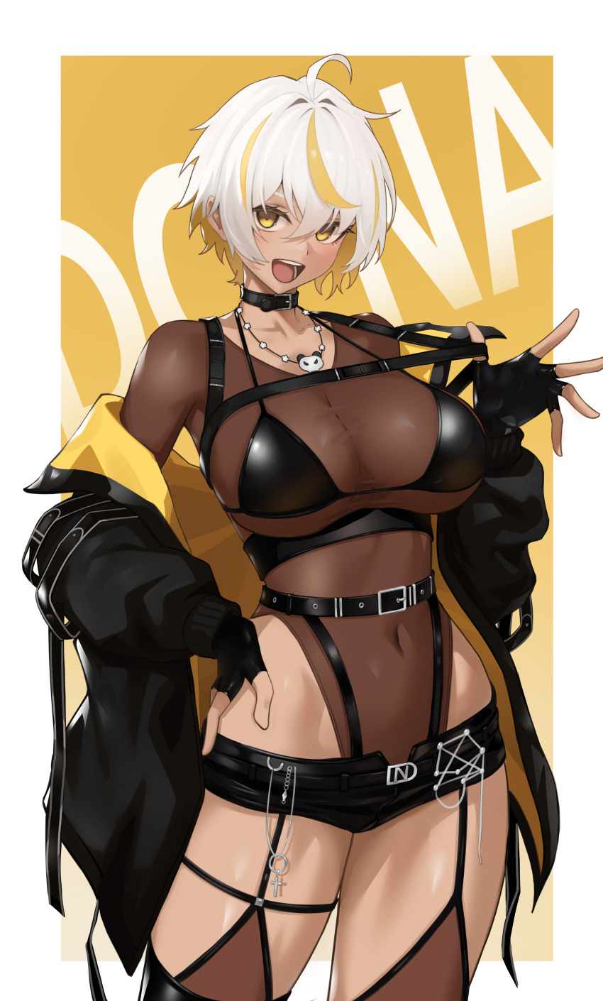 1girl, absurdres, ahoge, arc2urus, bikini, bikini_top_only, black_bikini, black_collar, black_gloves, black_jacket, black_shorts, blonde_hair, breasts, brown_leotard, character_name, collar, commentary, covered_navel, fingerless_gloves, garter_straps, gloves, gradient_background, hair_between_eyes, hair_intakes, hand_on_own_hip, harness, harness_pull, highleg, highleg_leotard, highres, jacket, large_breasts, leotard, leotard_under_clothes, looking_at_viewer, luvdia, micro_shorts, multicolored_hair, off_shoulder, open_mouth, park_dona, pulling_own_clothes, short_hair, short_shorts, shorts, smile, solo, streaked_hair, swimsuit, thighhighs, tomboy, transparent, virtual_youtuber, white_hair, yellow_eyes, yellow_jacket