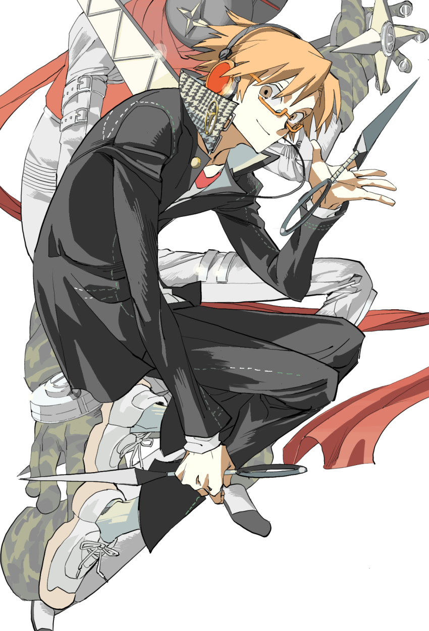 1boy, black_jacket, black_pants, brown_eyes, brown_hair, full_body, hanamura_yousuke, headphones