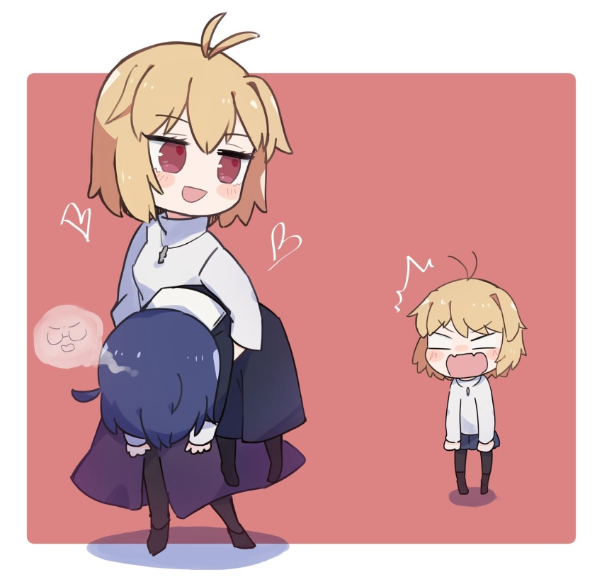 3girls, ahoge, arcueid_brunestud, blonde_hair, blue_hair, blue_skirt, blush, boots, carrying, carrying_person, chibi, ciel_(tsukihime), dark_persona, dress, dual_persona, glasses, heart, highres, jewelry, kouta_(kesigomutopen), multiple_girls, necklace, nun, pantyhose, purple_skirt, red_arcueid, red_eyes, short_hair, simple_background, skirt, smile, surprised, sweater, tsukihime, tsukihime_(remake), turtleneck, turtleneck_sweater, unconscious