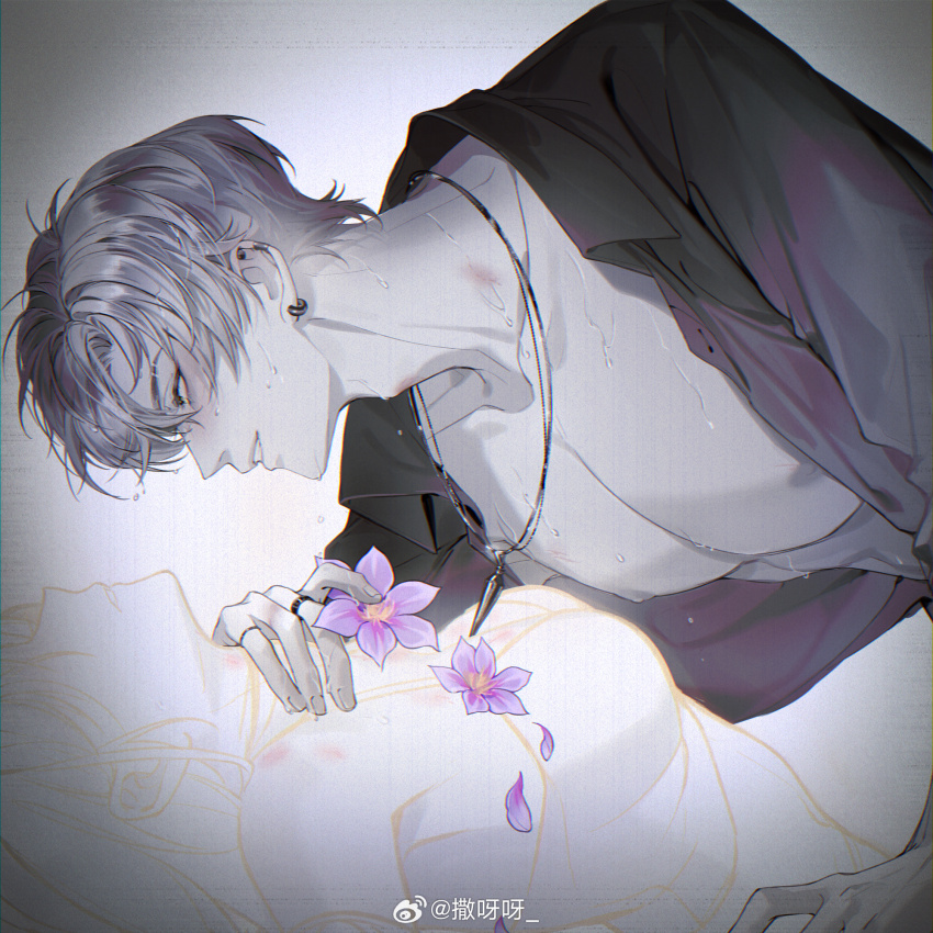 1boy, 1girl, bare_pectorals, blush, boy_on_top, breasts, chinese_commentary, cleavage