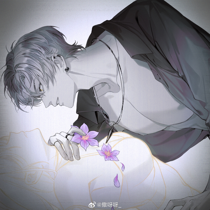 1boy, 1girl, bare_pectorals, boy_on_top, breasts, chinese_commentary, cleavage, collared_shirt, crop_top, curtained_hair, ear_piercing, earclip, earrings, faceless, faceless_female, flower, greyscale, grin, hair_between_eyes, hand_on_another's_neck, hetero, highres, holding, holding_flower, jewelry, ling_xiao, long_hair, looking_at_another, love_and_producer, male_focus, midriff, monochrome, multiple_monochrome, multiple_rings, nipples, open_clothes, open_shirt, parted_lips, pectorals, pendant, piercing, profile, protagonist_(love_and_producer), purple_flower, ring, sayahime, shirt, short_hair, smile, spaghetti_strap, spot_color, toned, toned_male, upper_body, watermark, weibo_watermark, white_background, yellow_eyes