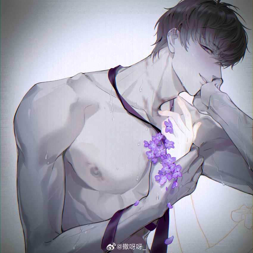 1boy, 1girl, abs, bare_pectorals, bite_mark, blush, chinese_commentary, choppy_bangs