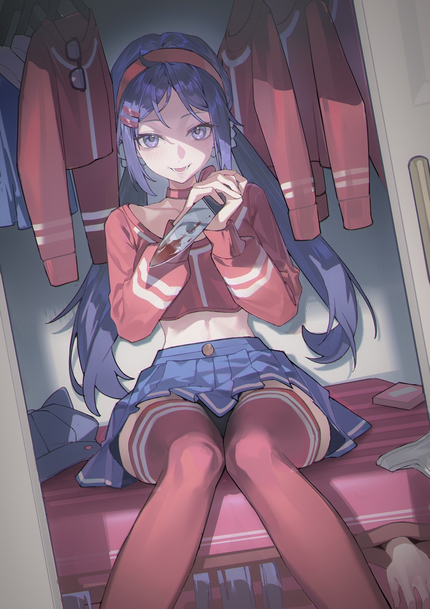 1boy, 1girl, absurdres, animal_ear_headwear, animal_ears, blood, bloody_knife, blue_hat, blue_skirt, chinese_commentary, commentary_request, crazy_mita_(miside), fake_animal_ears, feet_out_of_frame, hair_ornament, hairband, hairclip, hat, highres, holding, holding_knife, knife, long_hair, looking_at_viewer, low_twintails, lower_teeth_only, lushi_jin_up, midriff, miside, mita_(miside), on_suitcase, parted_lips, player_character_(miside), pleated_skirt, red_hairband, red_shirt, red_thighhighs, reflection, reflective_weapon, shirt, sitting, skirt, solo_focus, suitcase, teeth, thighhighs, twintails, unworn_eyewear, unworn_hat, unworn_headwear, unworn_shirt, yandere, zettai_ryouiki