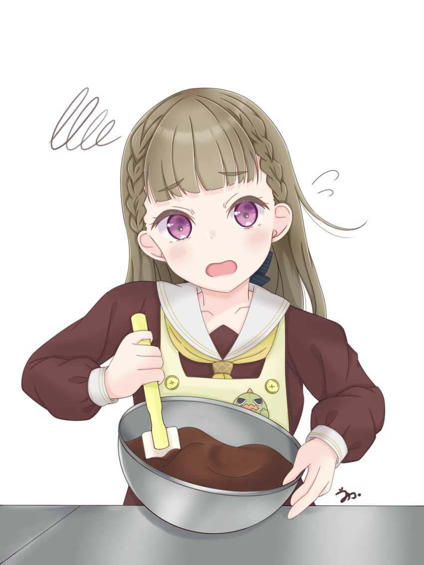 1girl, apron, black_bow, bow, bowl, braid, brown_dress, brown_hair, buchiko_(shakishaki25726), center-flap_bangs, chocolate_making, collarbone, commentary_request, dress, flying_sweatdrops, hair_bow, hasu_no_sora_school_uniform, highres, holding, holding_bowl, holding_spatula, kachimachi_kosuzu, link!_like!_love_live!, long_hair, long_sleeves, love_live!, mixing, mixing_bowl, neckerchief, open_mouth, peanut_mouth, pink_eyes, sailor_collar, sailor_dress, school_uniform, side_ahoge, side_braids, signature, simple_background, solo, spatula, squiggle, straight_hair, upper_body, virtual_youtuber, white_background, white_sailor_collar, winter_uniform, yellow_apron, yellow_neckerchief