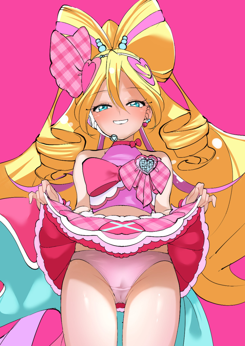 1girl, absurdres, blonde_hair, blue_eyes, brooch, cameltoe, clothes_lift, cowboy_shot