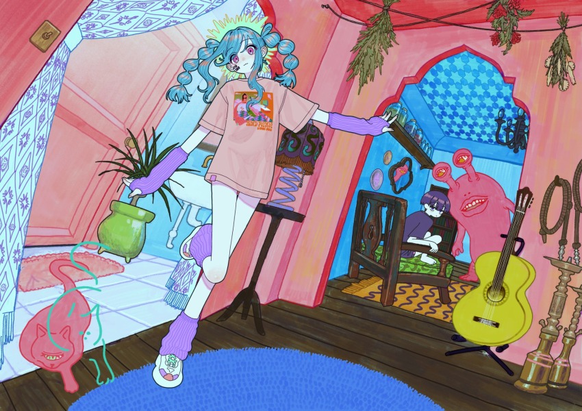2girls, arm_warmers, black_shirt, blue_hair, carpet, cat, chair, curtains
