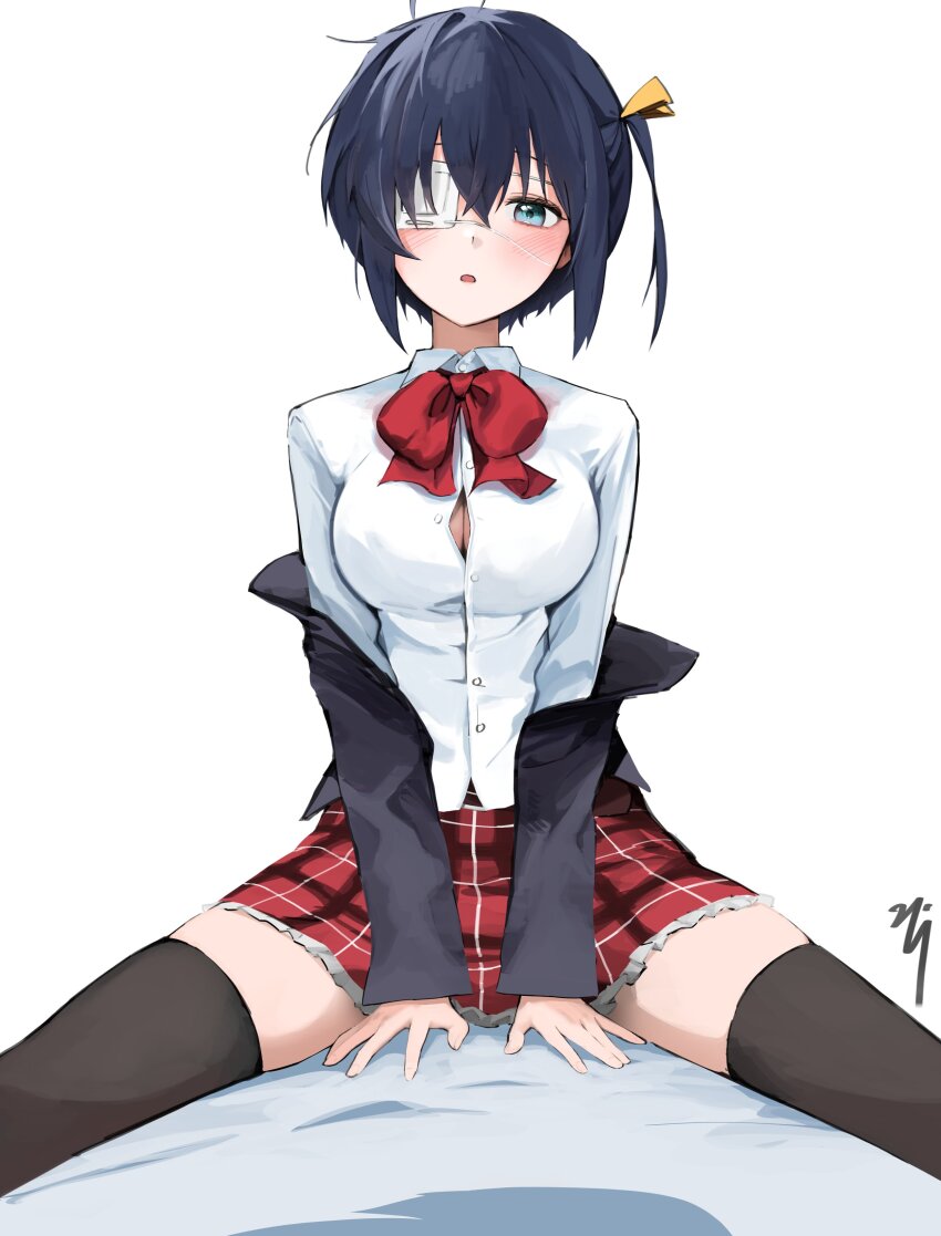 1girl, :o, absurdres, bed_sheet, black_hair, black_jacket, black_thighhighs, blazer