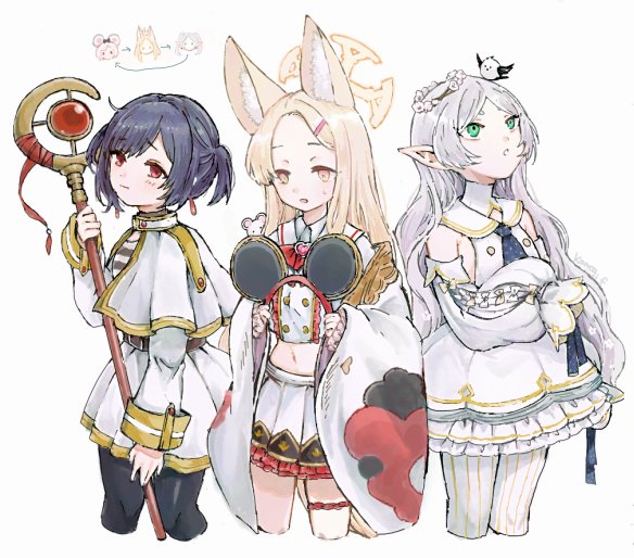 3girls, animal, animal_ear_fluff, animal_ear_hairband, animal_ears, animal_on_head, belt, bird