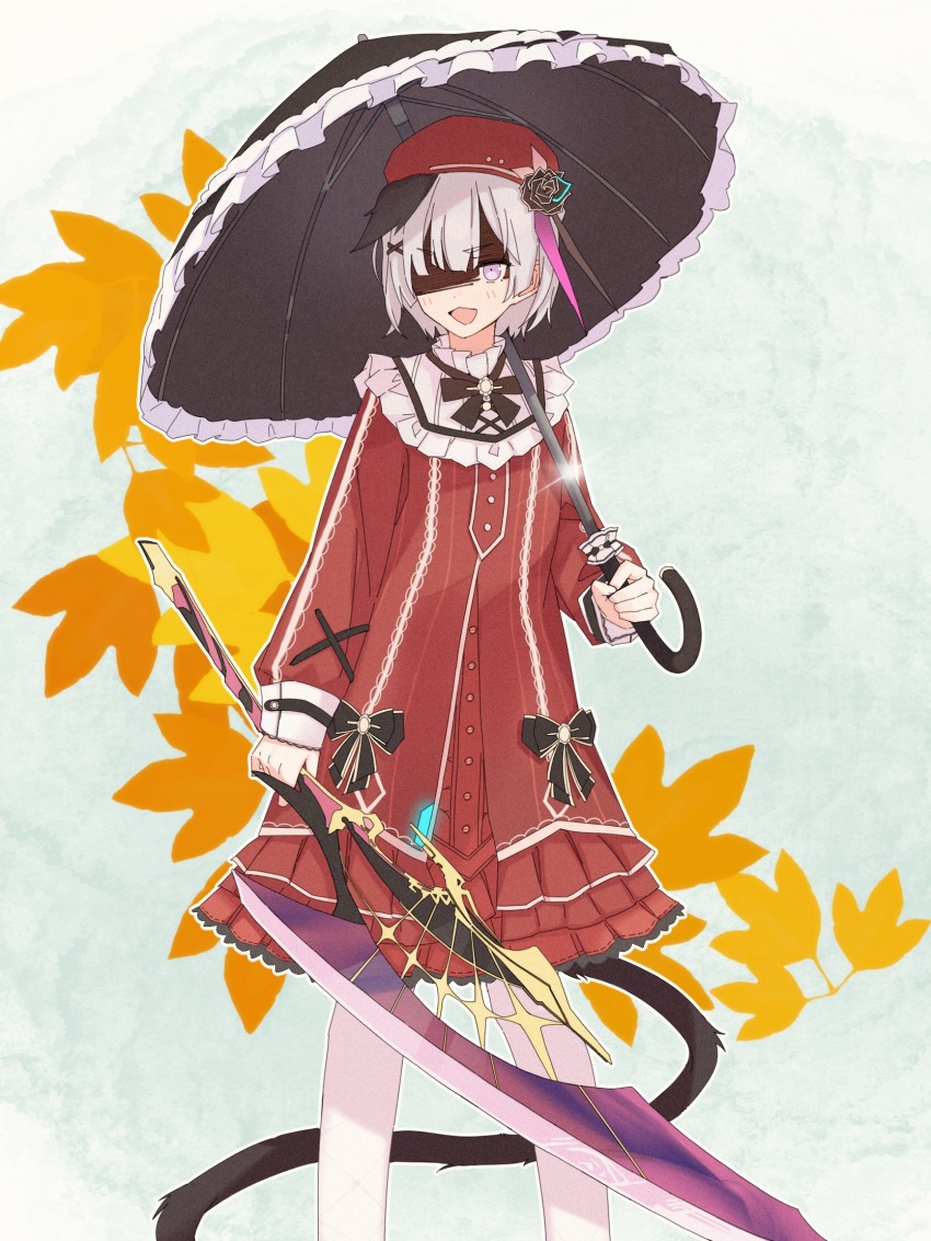 1girl, beret, black_flower, black_umbrella, bow, cat_tail, dress, flower, frilled_umbrella, frills, grey_hair, hair_flower, hair_ornament, hat, heaven_burns_red, highres, holding, holding_sword, holding_umbrella, holding_weapon, lolita_fashion, long_sleeves, minase_sumomo, minase_sumomo_(precious_smile), official_alternate_costume, red_dress, rose, short_hair, solo, sword, tail, tkeo3, umbrella, weapon
