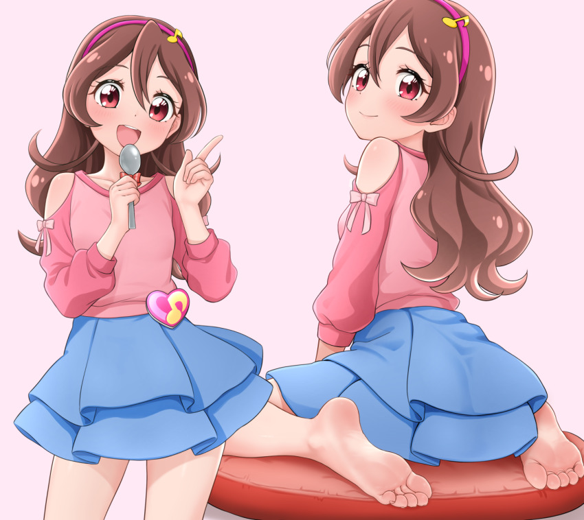 1girl, barefoot, blue_skirt, blush, brown_hair, closed_mouth, clothing_cutout, collarbone, cowboy_shot, dot_nose, feet, from_behind, hairband, highres, hinosaki, holding, holding_spoon, index_finger_raised, kimi_to_idol_precure, long_hair, looking_at_viewer, multiple_views, on_cushion, open_mouth, pink_hairband, pink_shirt, precure, red_eyes, sakura_uta_(precure), shirt, shoulder_cutout, simple_background, sitting, skirt, soles, spoon, standing, teeth, toes, upper_teeth_only, wariza