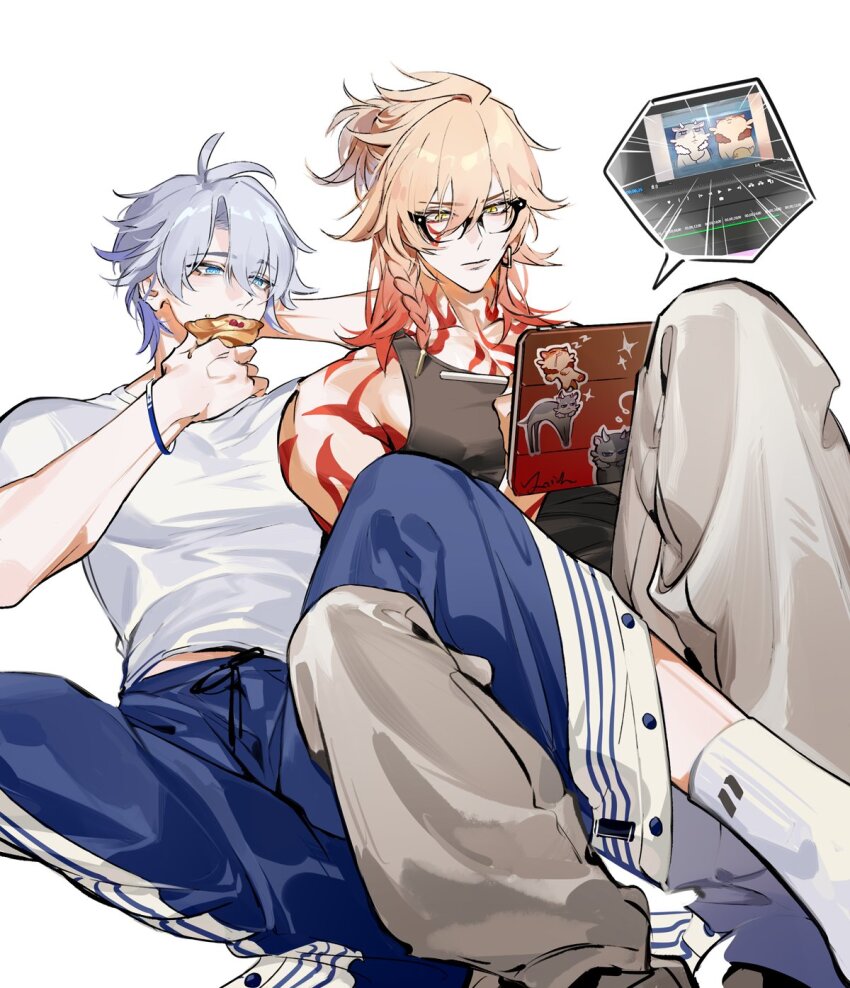 2boys, antenna_hair, black_tank_top, blonde_hair, blue_eyes, blue_hair, bracelet, eating, facial_tattoo, food, glasses, gradient_hair, hair_between_eyes, hand_on_own_head, highres, holding, holding_food, holding_stylus, holding_tablet_pc, honkai:_star_rail, honkai_(series), jewelry, leg_on_another's_leg, male_focus, medium_hair, multicolored_hair, multiple_boys, mydei_(honkai:_star_rail), neck_tattoo, orange_eyes, pants, phainon_(honkai:_star_rail), qinnye, red_hair, red_tattoo, serious, shirt, short_hair, short_sleeves, shoulder_tattoo, socks, sticker, stylus, sweatpants, tablet_pc, tank_top, tattoo, toned, toned_male, video_editing_program, watching, white_background, white_shirt, white_socks, yaoi